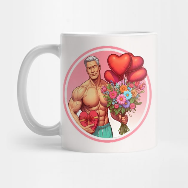 Flowers, chocolates, balloons of a muscular man by muscle